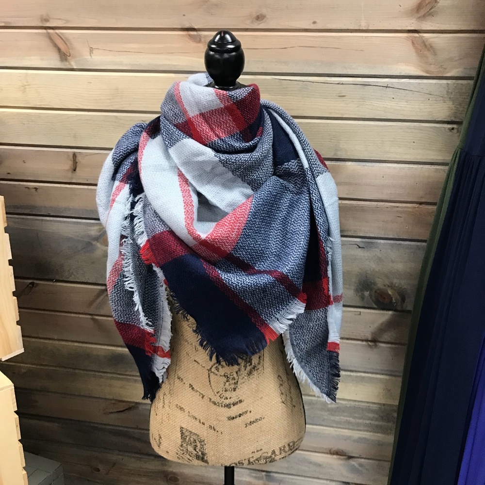 Red, Navy, Light Blue and White Blanket Scarf